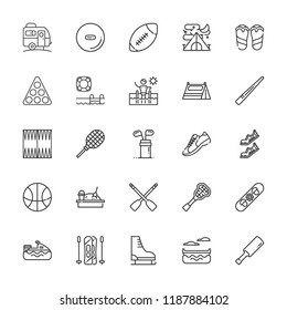 Collection of 25 recreation outline icons include icons such as swimming pool, canoe, cricket, cue, golf, ice skate, jet ski, lacrosse, racket, rowing, skiing, snowboard, tent