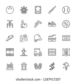 Collection of 25 recreation outline icons include icons such as dominoes, baseball, bowling, canoe, cue, golf cart, jet ski, pool, skiing, tennis court, tricycle, flip flop