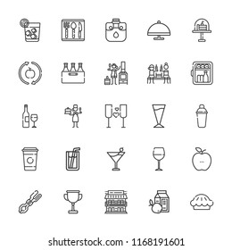 Collection of 25 restaurant outline icons include icons such as minibar, pastry chef, tongs, cup, healthy food, canteen, coffee cup, margarita, serving dish, coffee, wine