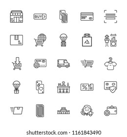 Collection of 25 retail outline icons include icons such as credit card, store, dealer, cards, wallet, delivery truck, discount, package, shopping bag, bar code, buy, delivery