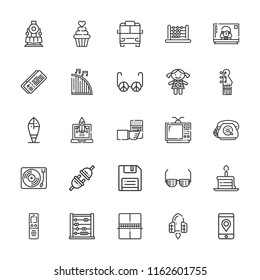 Collection of 25 retro outline icons include icons such as telephone, abacus, doll, floppy disk, plug, dictaphone, birthday cake piece, sunglasses, record player, ping pong