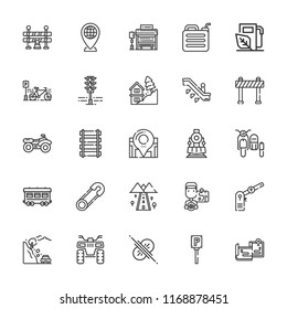 Collection of 25 road outline icons include icons such as gasoline, barrier, pin, quad, locomotive, sidecar, railway, collision, parking, escalator, rail, landslide