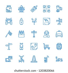 Collection of 25 road outline icons include icons such as bicycle, quad, taxi, route, marker, markers, racing, cone, subway, cones, crossroads, gps, signpost, hydrant, plato