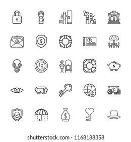 Collection Of 25 Safe Outline Icons Include Icons Such As Piggy Bank, Money, Bellhop, Safety Glasses, Shield, Gas Mask, Stun Gun, Economy, Lifesaver, Key, Hat, Umbrella