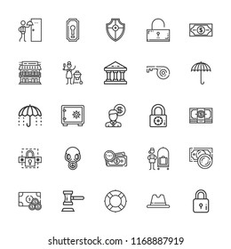 Collection Of 25 Safe Outline Icons Include Icons Such As Money, Safebox, Umbrella, Bellhop, Room Service, Bank, Padlock, Gas Mask, Hat, Keyhole, Auction, Lifebuoy, Key