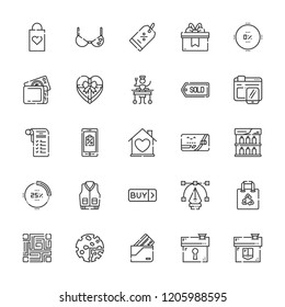 Collection of 25 sale outline icons include icons such as buy, shopping bag, online shop, bra, , percentage, wallet, discount, shopping list, shelf, gift, credit card, qr code