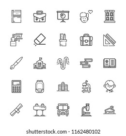 Collection of 25 school outline icons include icons such as building, set square, kindergarten, school bus, microscope, briefcase, eraser, open book, presentation