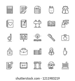 Collection of 25 school outline icons include icons such as pen, backpack, book, pommel horse, presentation, microscope, museum, lunchbox, teacher, exam, board, books, pencil