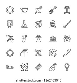 Collection of 25 science outline icons include icons such as educator, test tube, molecule, dish, pipette, medicine, atomic, satellite, loupe, formula, oxygen, view, flask