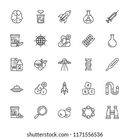 Collection of 25 science outline icons include icons such as earth grid, flask, tube, molecule, loupe, dna, beaker, medicine, syringe, rocket, binoculars, ufo, brain, abc
