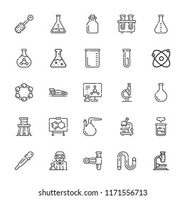 Collection of 25 scientific outline icons include icons such as beaker, test tube, flask, tube, molecule, microscope, scientist, formula, pipette, chemistry