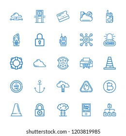 Collection of 25 security outline icons include icons such as alarm, bitcoin, key card, virus, warning, padlock, explosion, walkie talkie, sitemap, cone, shredder, cloud, atm