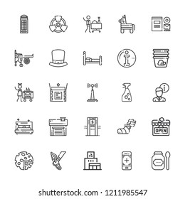 Collection of 25 service outline icons include icons such as recycling center, room service, housekeeping, piata, info, phone, smartphone, radiation, bed, atm, hermes, hat