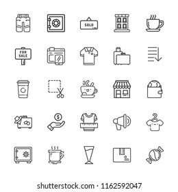 Collection of 25 shop outline icons include icons such as building, safebox, package, clothes, coupon, coffee, hanger, payment, coffee cup, candy, for sale, sold, online shop