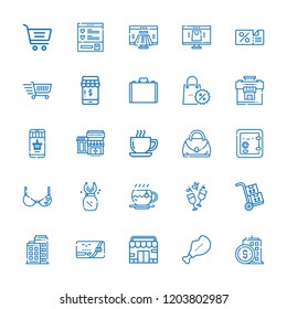 Collection of 25 shop outline icons include icons such as store, discount, delivery, suitcase, safebox, online shop, coffee cup, shopping cart, bra, wine, payment method