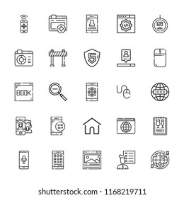 Collection of 25 site outline icons include icons such as barrier, internet, search engine, smartphone, home, browser, web development, mouse, menu, zoom out, html, tag