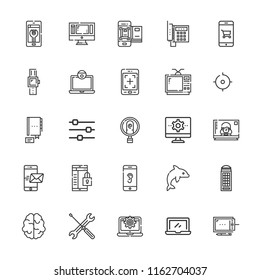 Collection of 25 smart outline icons include icons such as settings, smartphone, laptop, identification, phone, brain, tracker, tablet, contact, dolphin, graphic tablet