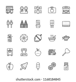 Collection of 25 snack outline icons include icons such as baby food, lunchbox, chocolate, apple, waffle iron, bar, ice cream machine, popsicle, ice cream, candy, biscuit