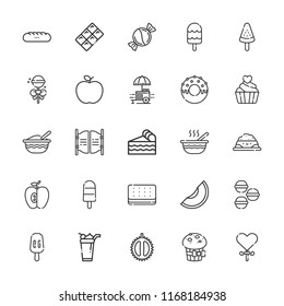 Collection of 25 snack outline icons include icons such as candy, baby food, ice cream, lollipop, melon, chestnut, apple, popsicle, bar, cupcake, pet food, chocolate, macarons