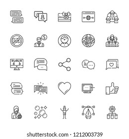 Collection of 25 social outline icons include icons such as user, chat, network, news, employee, graphic tablet, , share, man, team, card, favorite, like, internet, bubbles