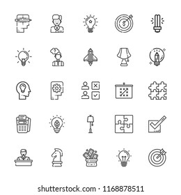 Collection of 25 solution outline icons include icons such as point of service, target, puzzle, light bulb, lamp, tactics, idea, thinking, creative, startup, ideas, employee