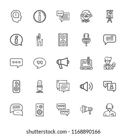 Collection of 25 speech outline icons include icons such as chat, exclamation, information, megaphone, speakers, mic, blog, chat bubble, speaker, news reporter, teacher