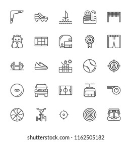 Collection of 25 sport outline icons include icons such as pool, swimming pool, backpack, bicycle, boomerang, aim, american football, baseball, basketball, dart board