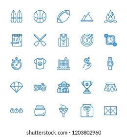 Collection of 25 sport outline icons include icons such as stopwatch, shirt, trophy, basketball court, basketball jersey, curling, parachute, quad, rowing, mountain, backpack