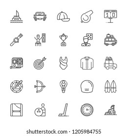 Collection of 25 sport outline icons include icons such as tactics, target, bowling, cap, gopro, hockey, scoreboard, swimming, swimming suit, catamaran, minivan