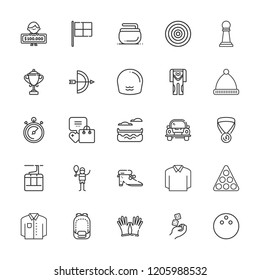 Collection of 25 sport outline icons include icons such as winner, dices, stopwatch, tennis court, gloves, activity, archery, bowling, canoe, curling, dart board, diving suit