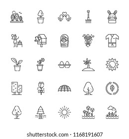 Collection of 25 spring outline icons include icons such as flower, playground, flowers, leaf, karate, tree, sun, love birds, palm tree, birch, lawn, tulips, rose, plant