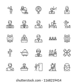 Collection of 25 staff outline icons include icons such as room service, maid, staff, waitress, identification, employee, employees, doorman, group, men only, girl, teamwork