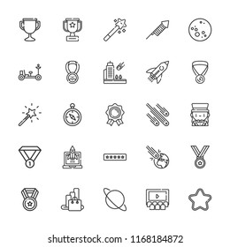Collection of 25 star outline icons include icons such as ratings, medal, rating, rocket, trophy, compass, fireworks, asteroid, meteorites, moon rover, moon, uranus, cinema