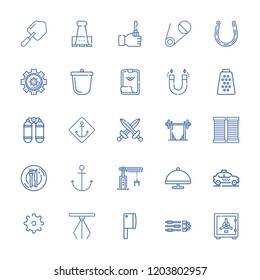 Collection of 25 steel outline icons include icons such as screwdriver, crucible, dinner, safety box, oxygen, settings, paper clip, serving dish, knife, grater, magnet, taxi