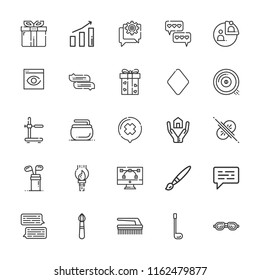 Collection of 25 stroke outline icons include icons such as diamond, chat, brush, stand, paint brush, insurance, stats, curling, golf, swimming, browser visualization, gift,