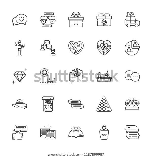 Collection of 25 stroke outline icons include\
icons such as chat, diamond, stats, brush, gift, pamela, car,\
sandbox, fish food, pool,\
highlighter