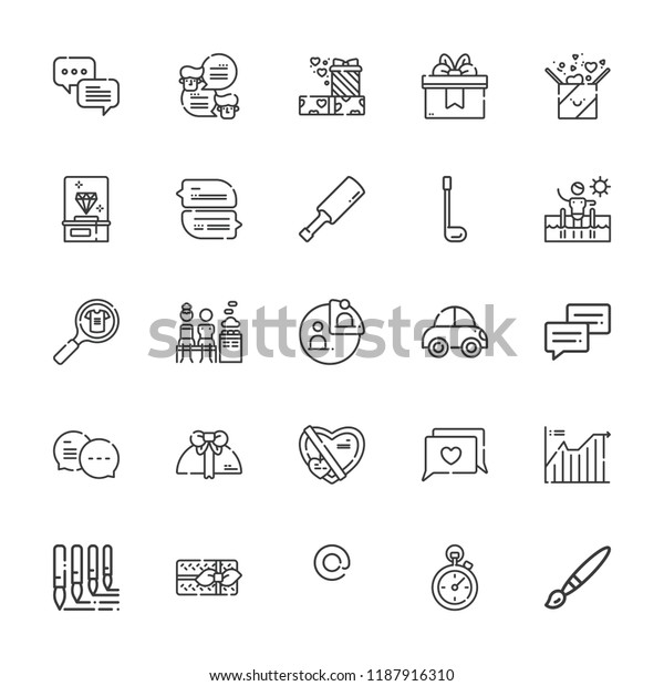 Collection of 25 stroke\
outline icons include icons such as swimming pool, paint brush,\
stats, cricket, golf, chat, at, mixed, diamond, gift, line chart,\
brushes, car,\
product