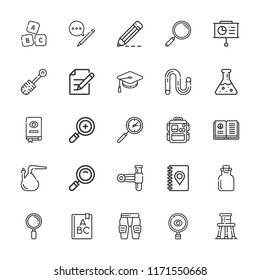 Collection of 25 study outline icons include icons such as abc, beaker, test tube, tube, flask, presentation, writing, edit, pencil, loupe, open book, zoom in, investigation