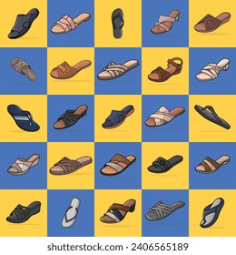Collection Of 25 Stylish Leather Women Slippers Shoes vector illustration. Beauty fashion objects icon concept. Fashionable woman slippers set vector design.