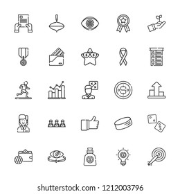 Collection of 25 success outline icons include icons such as growth, wallet, darts, medal, top, ribbon, tactics, puck, vision, money bag, innovation, star, employees, like