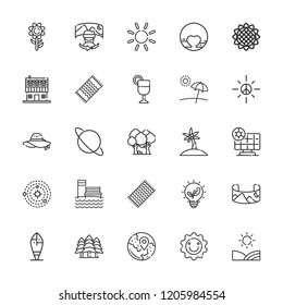 Collection of 25 sun outline icons include icons such as sun, surfboard, field of view, solar panel, juice, palm tree, travel, pluto, solar system, uranus, farm house, field