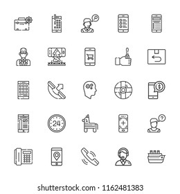Collection of 25 support outline icons include icons such as hours, operator, return, smartphone, screwdriver, toolbox, telephone, pinata, productivity, agent, support, phone