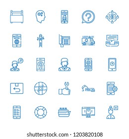 Collection of 25 support outline icons include icons such as operator, question, smartphone, return, wrench, maintenance, productivity, ship, lifebuoy, earphone, help