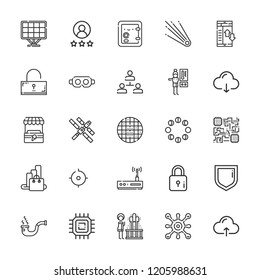 Collection of 25 system outline icons include icons such as safebox, virus, rating, cpu, cloud computing, pipe, tracker, ar glasses, data transfer, comet, moon phases