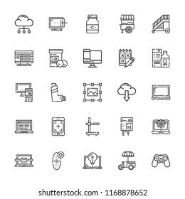 Collection of 25 tablet outline icons include icons such as laptop, joystick, stand, cloud computing, inhaler, medicine, responsive, tablet, graphic design, pc, graphic tablet