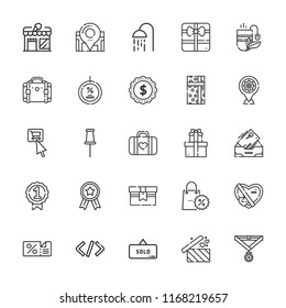 Collection of 25 tag outline icons include icons such as discount, medal, pin, location pin, tap, suitcase, tea bag, shower, sold, luggage, coding, gift, badge, gifts, inbox