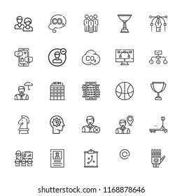 Collection of 25 team outline icons include icons such as foosball, office, user, users, wanted, management, at, hierarchical structure, co, , trophy, group, basketball