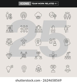 A collection of 25 teamwork related icons, featuring collaboration, leadership, brainstorming, goal setting, networking, and productivity symbols. Ideal for corporate branding, UI design, info graph