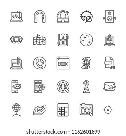 Collection of 25 technology outline icons include icons such as phone call, smartphone, natural resources, iron, safety glasses, magnet, calculator, world, antenna