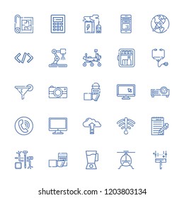 Collection of 25 technology outline icons include icons such as computer, phone call, minibar, calculator, stethoscope, helicopter, mixer blender, mars rover, mobile phone
